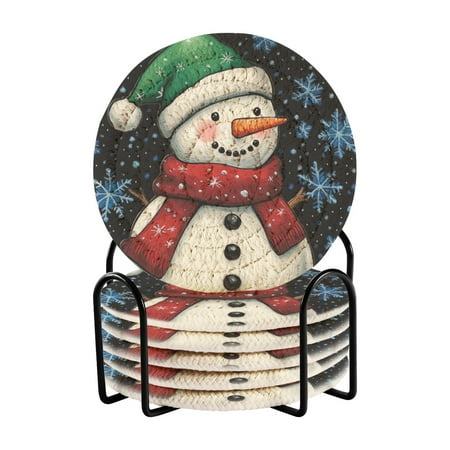 

WOBOGO A Snowman with A Green Christmas Hat Coil Coasters Set of 6 Minimalist Cotton Woven 3.94 inch Non-Slip Insulated and Absorbent Home Accessories.