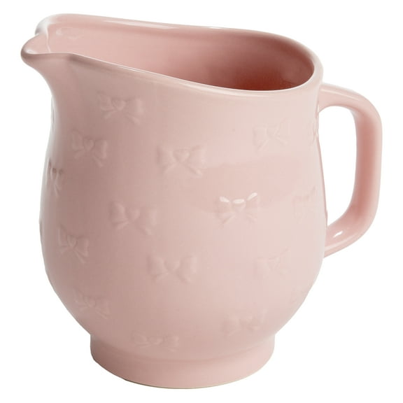 Paris Hilton Ceramic Pitcher, 40 Ounce Capacity, Easy Pour Spout, Embossed Bow Design, Pink