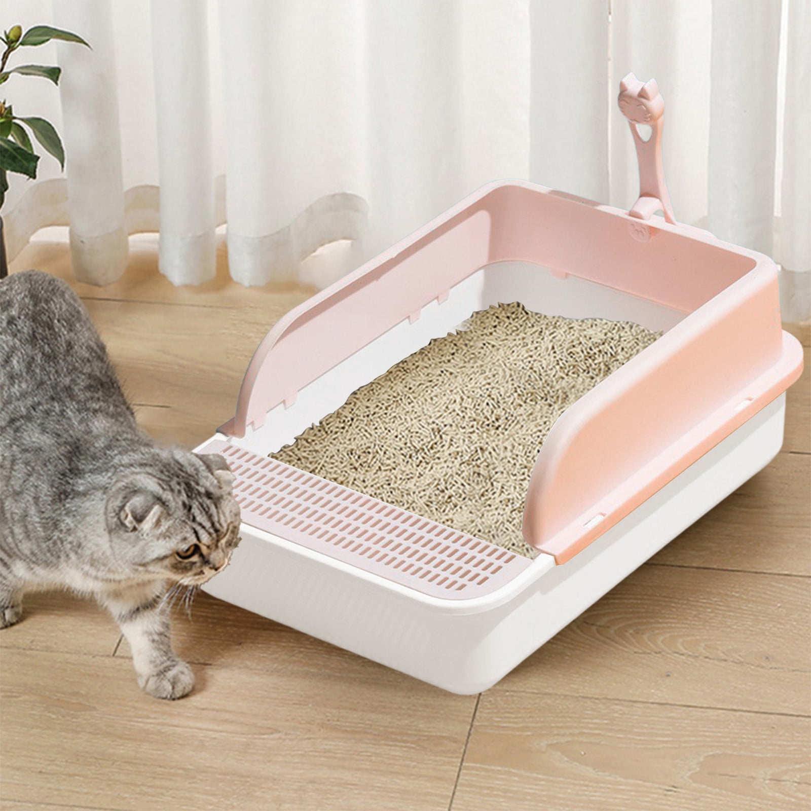 Semi Enclosed Cat Litter Box, Large Capacity Splash Proof Toilet with High Sides and Pedal, Durable Plastic Tray with Scoop for Easy Cleaning, Suitable for Kittens, Cats, Indoor and Daily Use