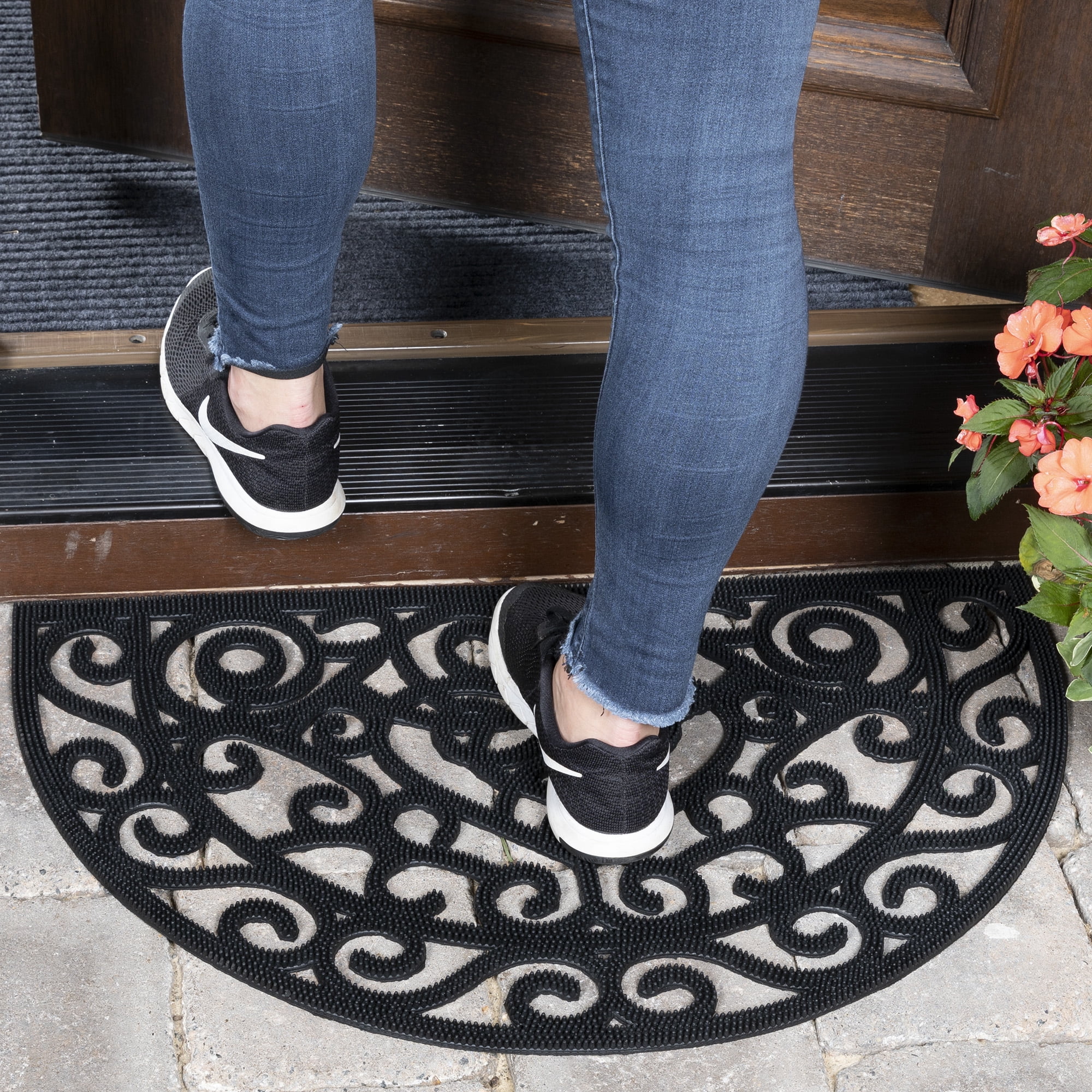 Ottomanson Heavy Duty Non-Slip Rubber Mat 18" x 30" Indoor Outdoor Waterproof Doormat for Entryway Garage Kitchen, Black