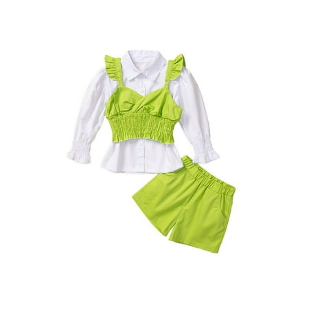 

Canrulo 3Pcs Toddler Baby Girls Trendy Fall Clothes Long Sleeve Button Shirt + Ruffle Ruched Camisole + Elastic Waist Shorts Set Green 1-2 Years