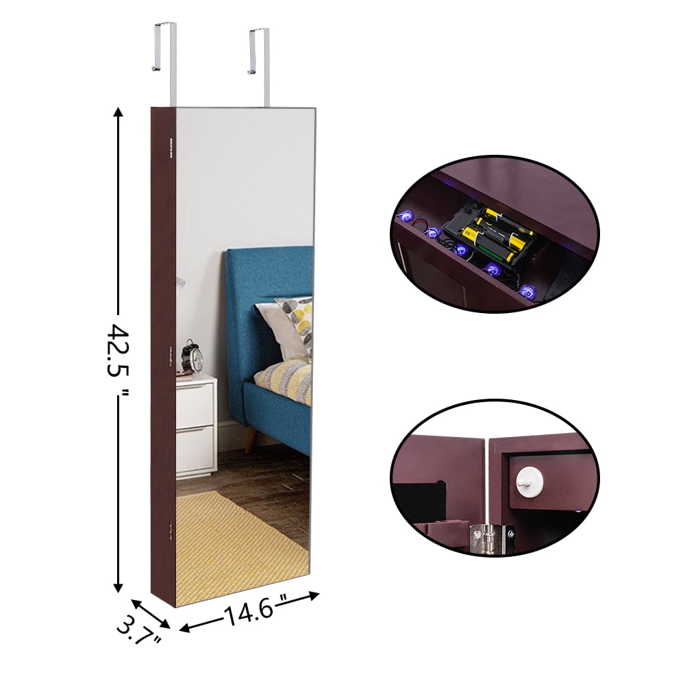 Kepooman Full Mirror Wooden Wall Mounted 4-Layer Shelf 2 Drawers With Inner Mirror 8 Blue Led Light Jewelry Storage Mirror Cabinet - Dark Brown Kepooman Full Mirror Wooden Wall Mounted 4-Layer Shelf 2 Drawers With Inner Mirror 8 Blue Led Light Jewelry Storage Mirror Cabinet - Dark Brown