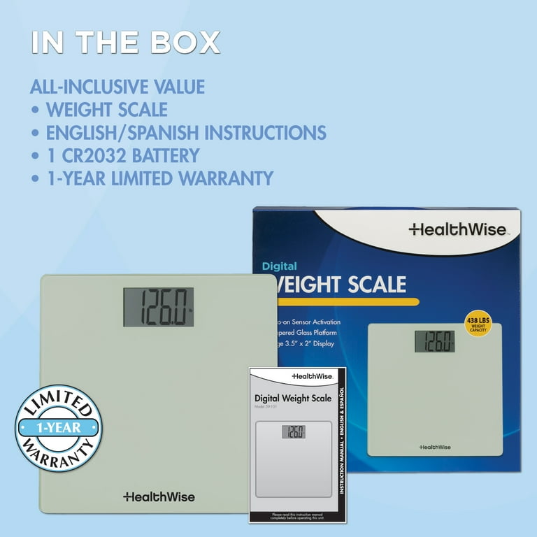 HealthWise Digital Weight Scale 438 lbs 199 kg Capacity Tempered Glass Auto On Quick Accurate Body Weight Measurements Measurement Modes LBS KG or ST Walmart