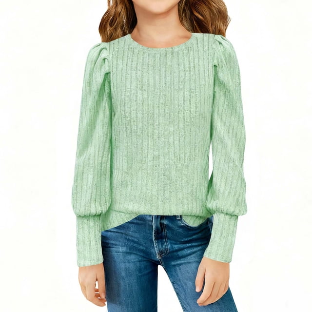Girl's Puff Long Sleeve Ribbed T Shirt Round Neck Loose Pullover Tops Solid Color Base Layer Tee Casual Undershirts