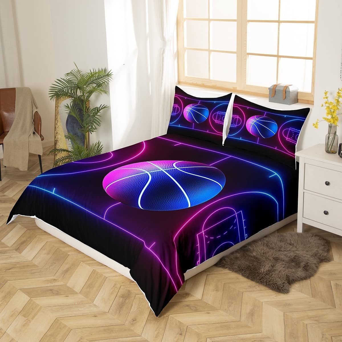 Htooq Kids Basketball Bedding Set For Boys Girls Children Ball Sports Comforter Cover Basketball Hoop Duvet Cover Room Decor Neon Light Geometry Bedsp