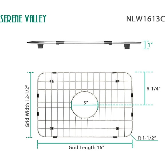 Sink Grid 16" X 12-1/2", Centered Drain, 304 Stainless Steel for Kitchen Sink