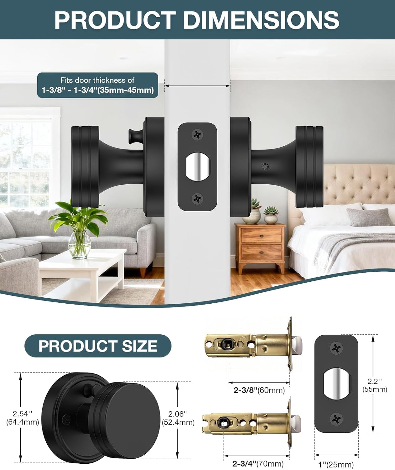 Klamerit Privacy Matte Black Door Knobs Heavy Duty Zinc Alloy Round Interior Door Knobs with Lock,for Bathroom & Bedroom