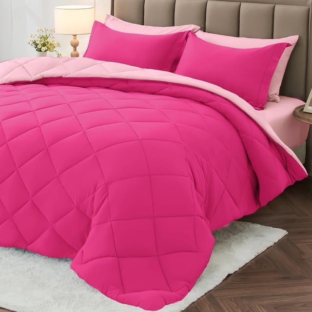 Juego de edredón MUXHOMO, tamaño king, 7 piezas, reversible, rosa intenso