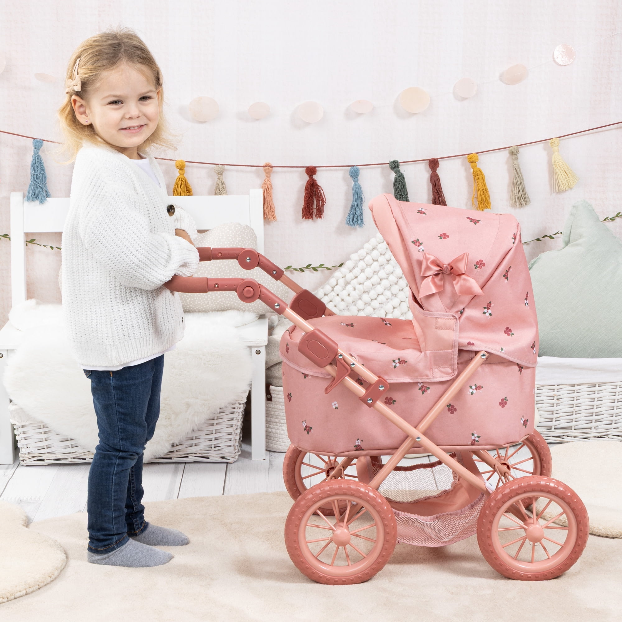 Bayer Design: Doll Pram Trendy - Pink & Flowers - Play Push Stroller, Handbag, Adjustable Handle, Foldable, Toy Care Accessory Fits 18" Dolls, Kids 3+