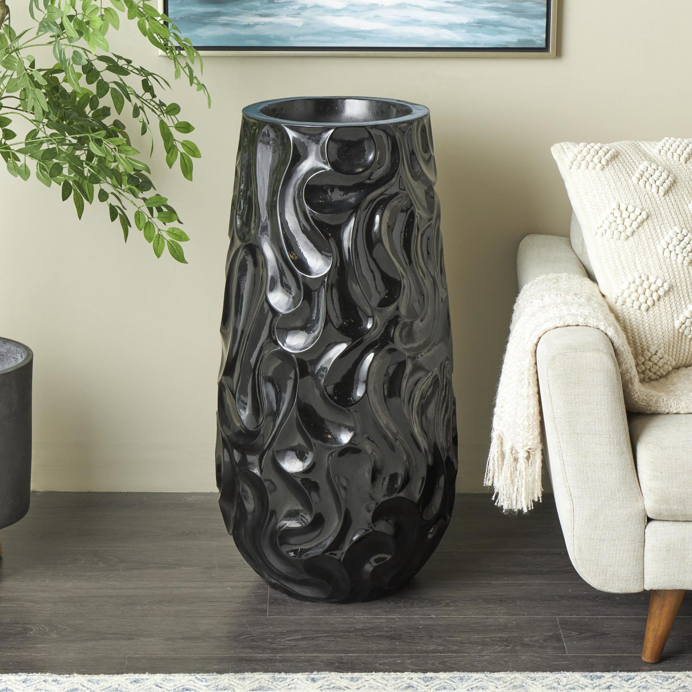 DecMode 36" Abstract Large Wavy Textured Floor Black Resin Vase