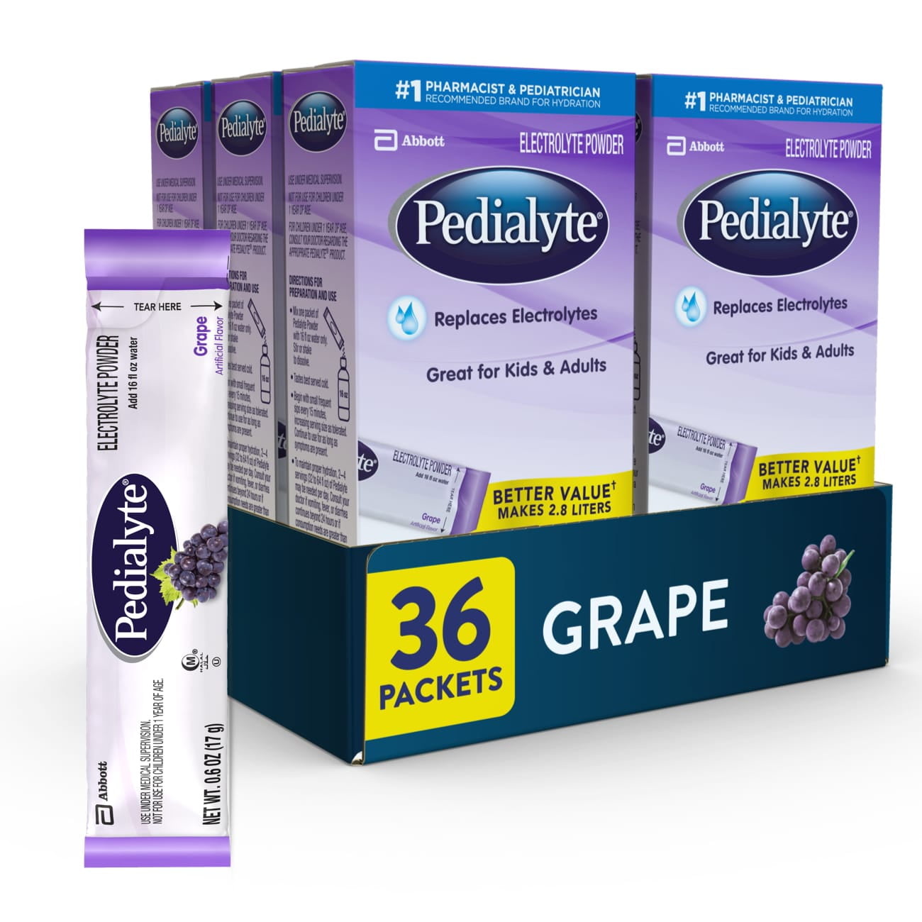 Pedialyte Electrolyte Powder Packets, Grape, Hydration Drink, 36 Single