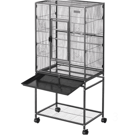 Large Bird Cage for Parrots and Cockatiels with Easy Mobility and Secure Lock, Durable Wrought Iron Frame, Black Finish