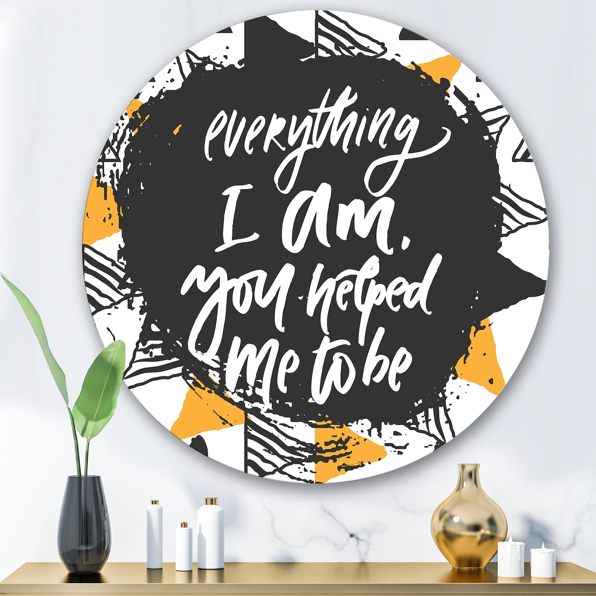 Designart 'Everything I Am You Helped Me To Be On Triangle Pattern' Mid-Century Modern Circle Metal Wall Art 36x36 - Disc of 36