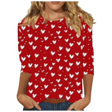 Tbopshirt Womens Tops Clearance Under $5 Valentine's Day Printed Round Neck Pullover with 3/4 Sleeve T-shirt Plus Size,S-XXXL