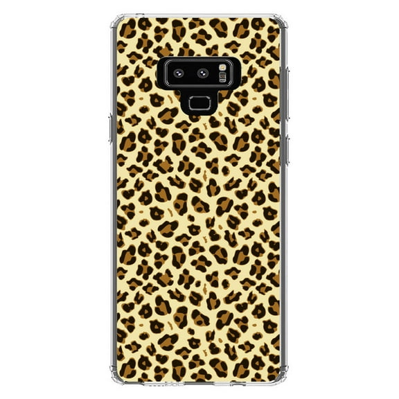 DistinctInk Clear Shockproof Hybrid Case for Samsung Galaxy Note 9 - TPU Bumper, Acrylic Back, Tempered Glass Screen Protector - Black Beige Tan Leopard Skin Spots