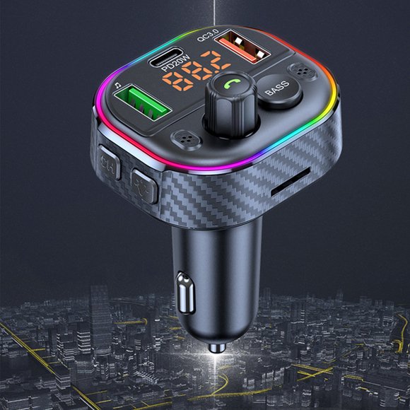 Binmer Multi-Functional Bluetooth Music Player/Car Charger/FM Transmitter/Radio Adapter,With USB QC3.0 Charge,Type-C PD Charge And RGB Colorful Atmosphere Lights