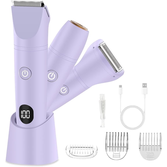 3-in-1 Bikini Trimmer for Women, IPX7 Waterproof Electric Shaver for Women-Rechargeable Electric Razors for Pubic, Facial & Body Hair Trimmer with LED Display, Travel Kit & Painless Blades (Purple)