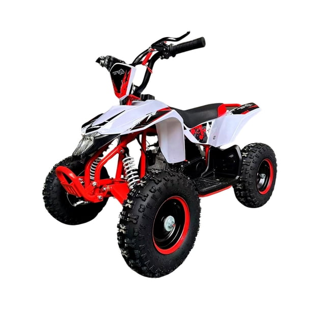 motocicleta infantil shahoma pb04 pocket bike deportiva 49cc roja para 5 a 12 años, vista 3/4 frontal de cuatrimoto roja y blanca con guardabarros plástico, chasis tubular rojo, asiento negro, llantas todoterreno con aros rojos, manillar con puños negros y suspensión delantera visible; también apta para entrenamiento recreativo en terrenos suaves.