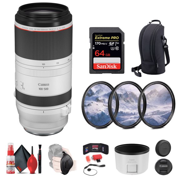 Canon RF 100-500mm F/4.5-7.1 L IS USM Lens   64GB SD Card   3-Piece Filter Set   Memory Card Wallet   Hand Strap   Lens Cap Keeper   Cleaning Kit (International Version)