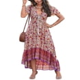 thumbnail image 1 of Robe Boho Longue d'Été pour Femmes à Manches Courtes et Col V Ourlet Irrégulier Cravate Robe Florale, 1 of 7