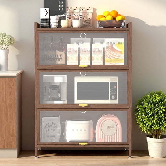 CQSXDA 44" Walnut Metal Storage Cabinet with 3 Flip Doors, 3-Tier Organizer for Bedroom, Office, Living Room and Entryway