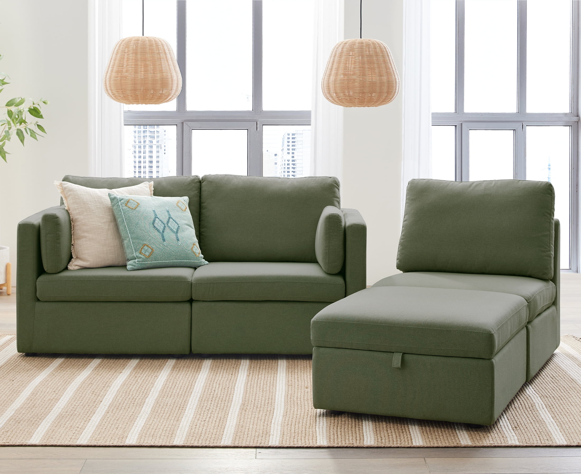 Better Homes & Gardens Modular Sectional Sofa with Storage Ottoman, Olive
