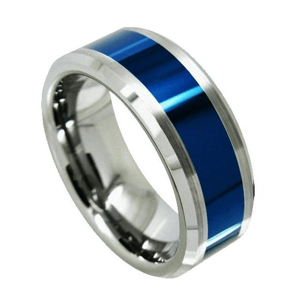 Tungsten Rings for Men Wedding Bands for Him Womens Wedding Bands for Her 8mm Blue Center Silver Brushed Edge