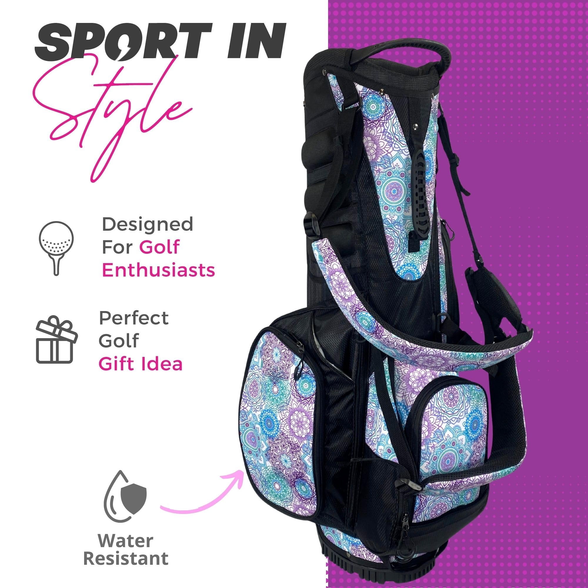 Women's Lightweight 4-Way Women's Golf Stand Bag | Taboo Fashions Stand Bag | Range Bag, Par 3, Executive Course | Self Flexing Stand, Adjustable Strap (Mandala Dreams)