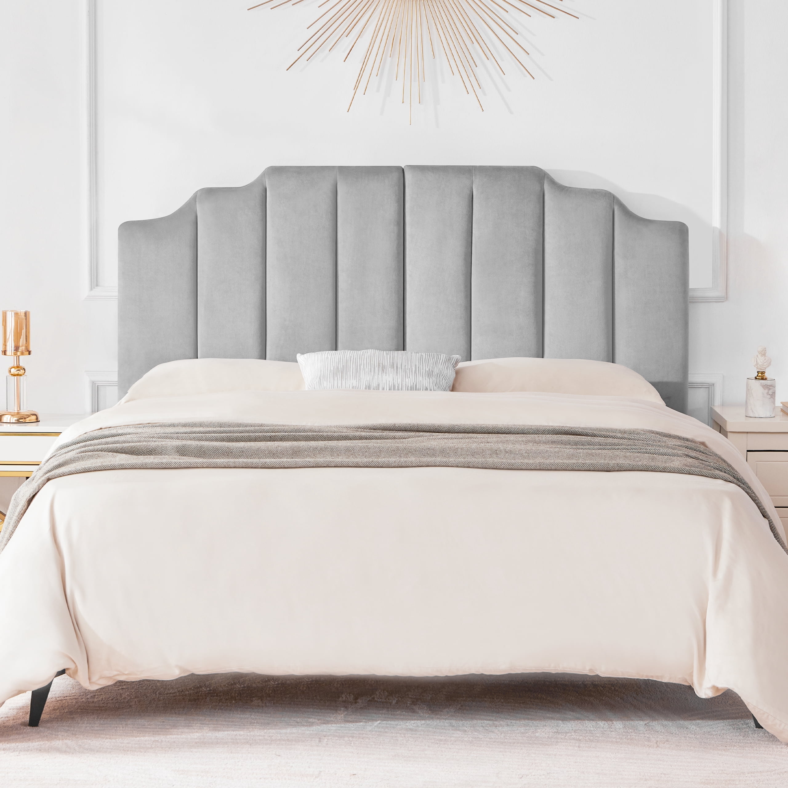 Weture Velvet Upholstered Queen Sleigh Headboard, LightGray