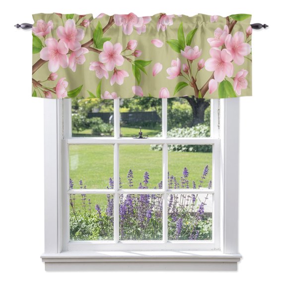 Spring Floral Valances for Windows, Watercolor Flower Green Leaves Rustic Farmhouse Valance Window Treatment Rod Pocket Short Curtains Valances for Kitchen Bathroom 42"W x 18"L