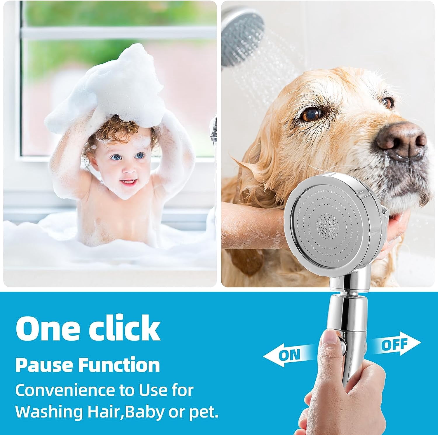 High Pressure Shower Head, 3-Settings Handheld Showerhead with ON/Off Full Shutoff Push Button and Switch to Control Flow, Angle-Adjustable Water Saving Body Sprays(Chrome)