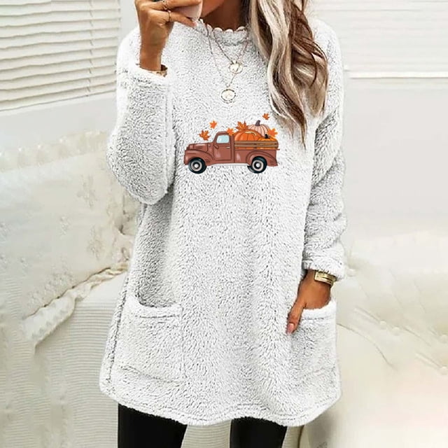 CHGBMOK Hauts de Sortie pour Femmes Col Rond et Hiver Ample Imprimé Poche Chaud Manches Longues Blouse Hauts pour Femmes en Liquidation