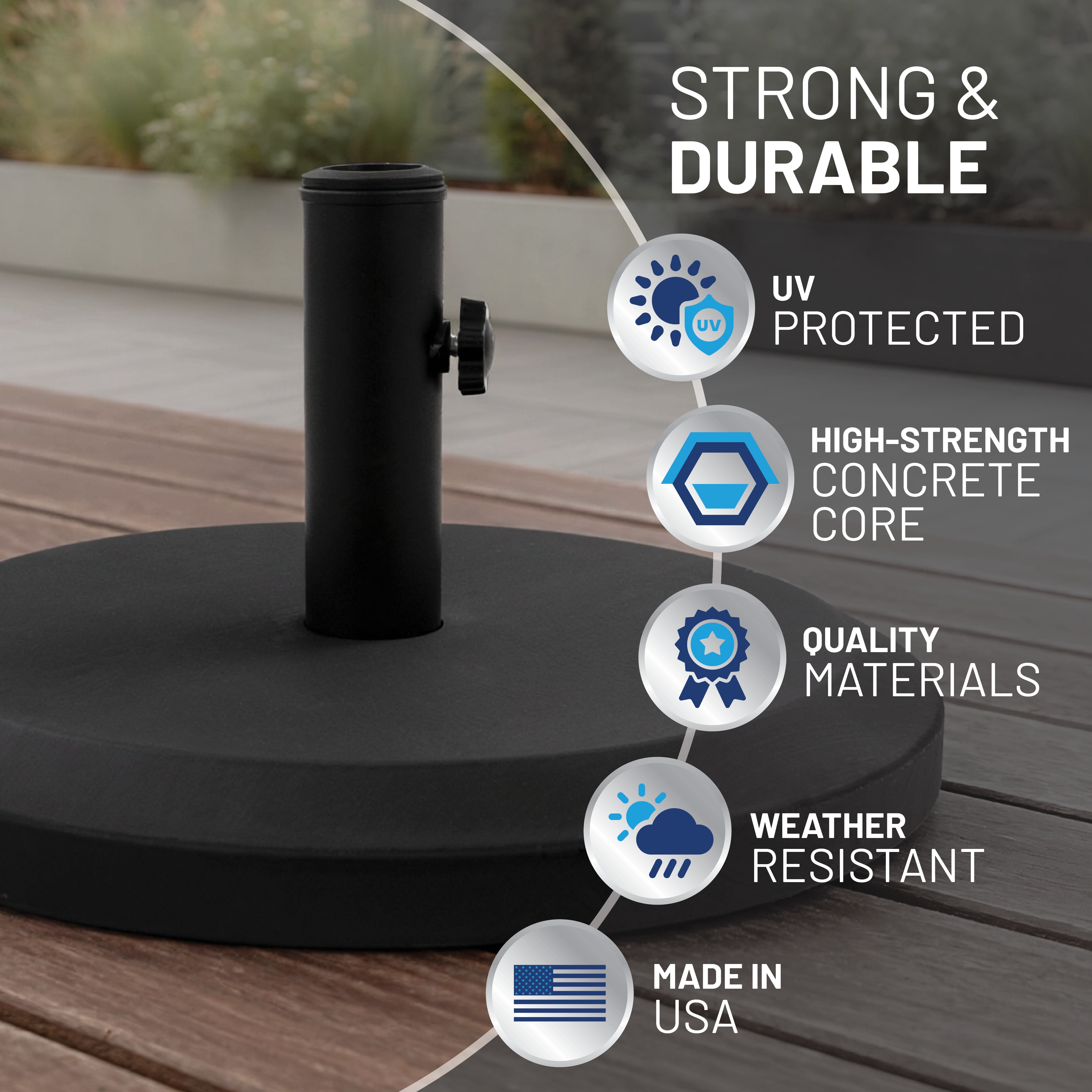 US Weight 22 lb. Weighted Umbrella Base - UV-Resistant Patio Umbrella Stand for Outdoor Tables - Fits 1.3” to 1.75” Poles - Durable Weather Resistant - Sleek Black Finish