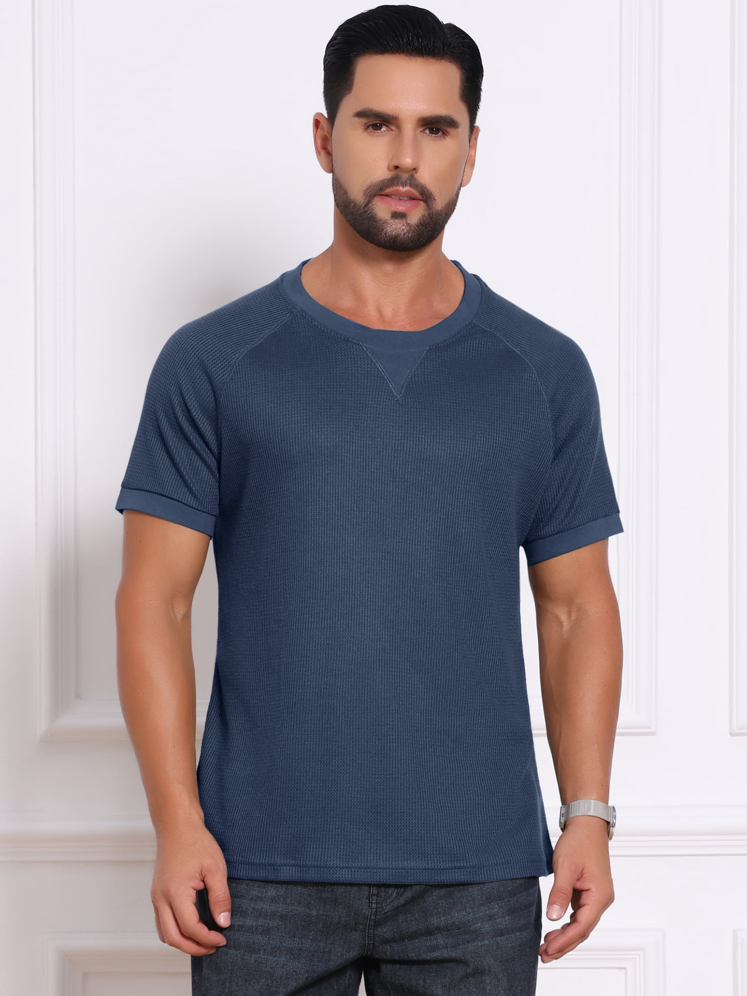 DARING DIVA Men's Waffle Fabric Classic Crew Neck Raglan Short Sleeves 2XL Navy Blue