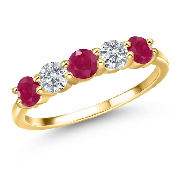 Gem Stone King 18K Yellow Gold Plated Silver Red Ruby and E - F Lab Grown Diamond Wedding-Bands Ring for Women | 1.59 Cttw | Round 4MM | Gemstone July Birthstone | Size 7
