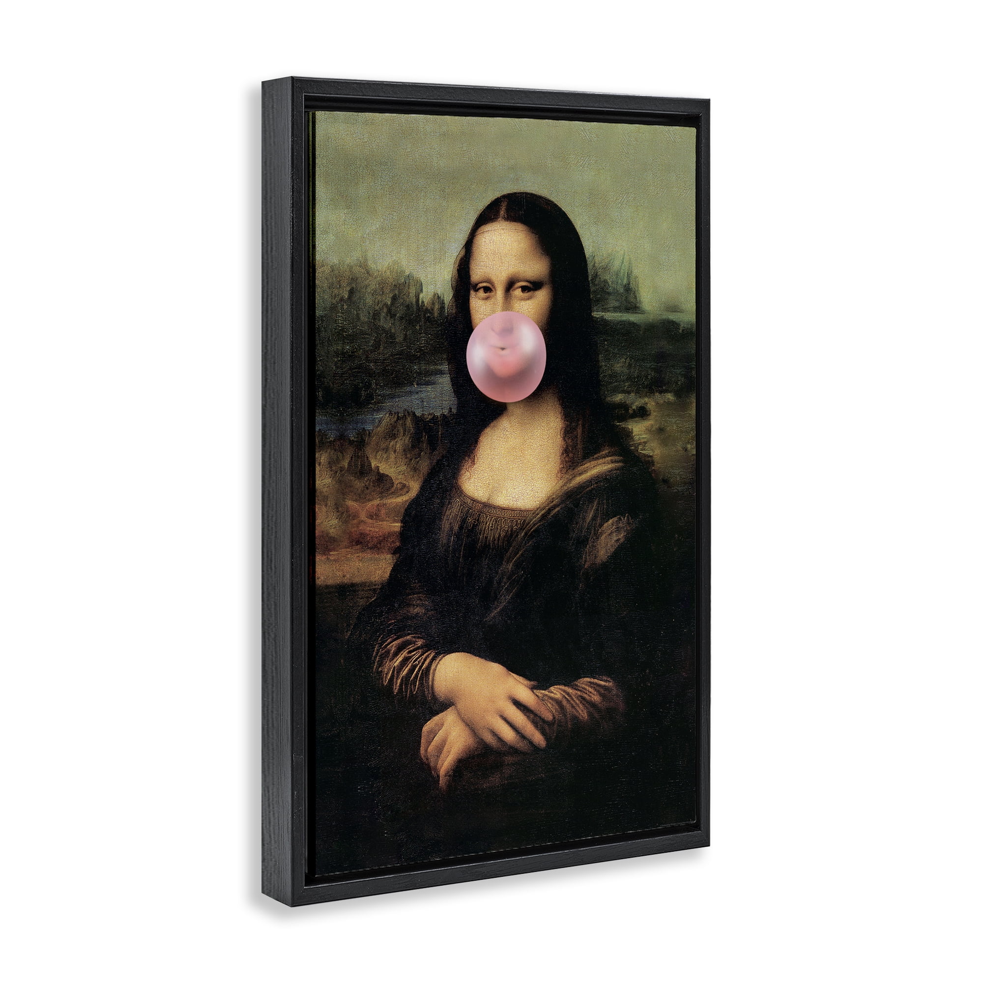 Stupell Industries Mona Lisa & Bubblegum Novelty & Humor Painting Black Floater Framed Canvas Art Print Wall Art, 17 x 25