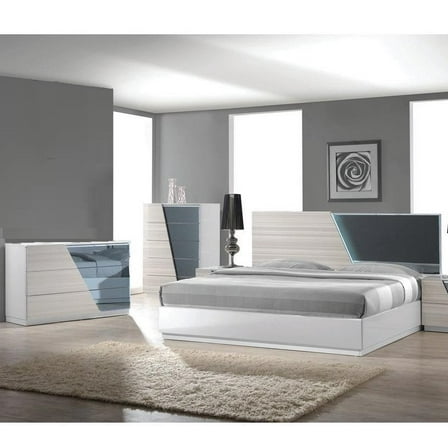 3 Piece Lacquer Finish Wood Bedroom Set, Queen Bed, Dresser and 5-Drawer Chest, LED Lighting, White/Gray