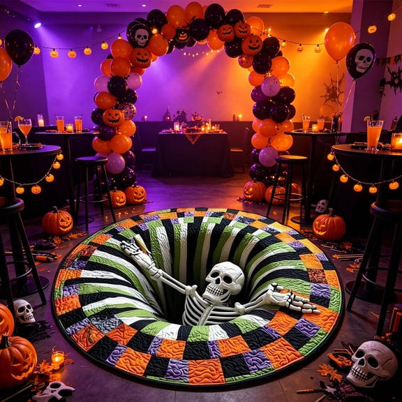 3D Skeleton Vortex Round Halloween Rug, Quilted Non-Slip Floor Mat with Spooky Optical Illusion, Soft Area Rug for Living Room Bedroom Entryway Party Decor,3d halloween rugs