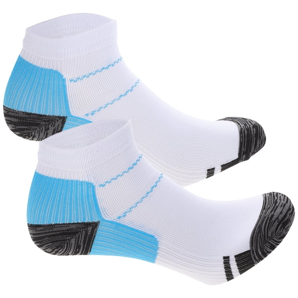 Par de calcetines de compresión para aliviar el dolor de fascitis plantar y espolones calcáneos (azul y blanco)
