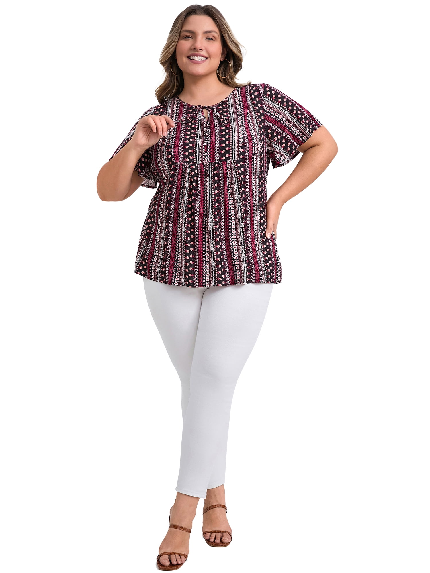 DARING DIVA Women's Plus Boho Print Tie Ruffle Short Sleeve Babydoll Top 4X Plum Purple