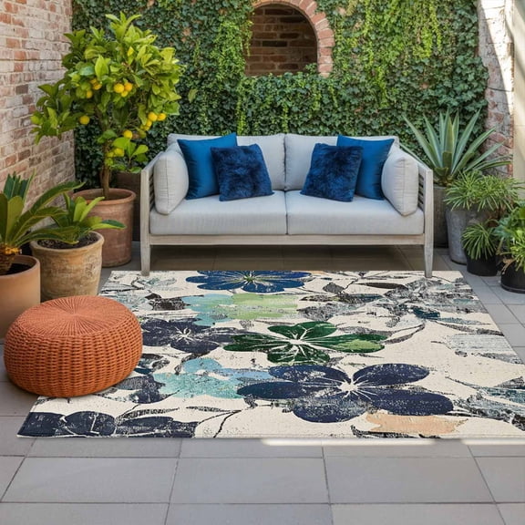 Outdoor Rug 5x8ft Ombre Blue Green Flowers Large Area Rug Vintage Plant Indoor Outdoor Carpet Outdoor Rugs Mats for Patio Camping,RV,Front Door, Outside Decor