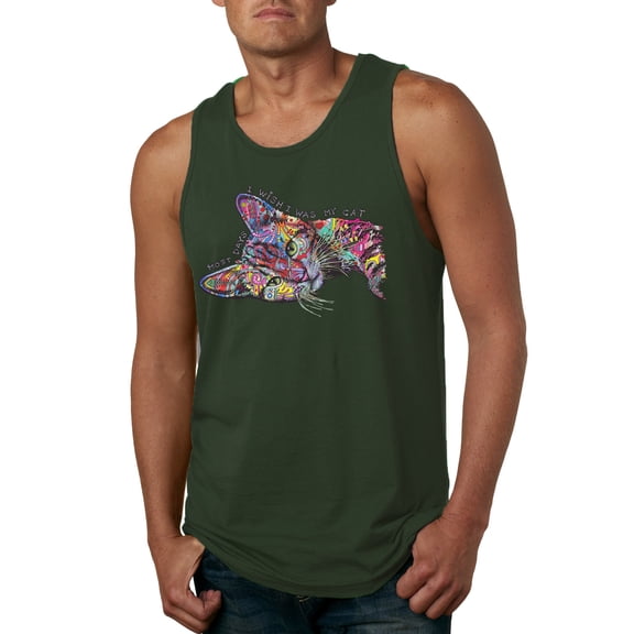 Tired Sleeping Cat | I Wish I Was My Cat Funny Colorful Kitty | Dean Russo Art Animal Lover Mens Tank Top, Forest Green, XX-Large