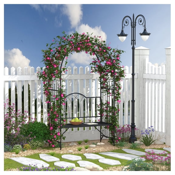 Metal Garden Arbor Bench with Trellis for Climbing Plants, Outdoor Patio Archway with 2-Person Seating, Black, 484 lbs Capacity