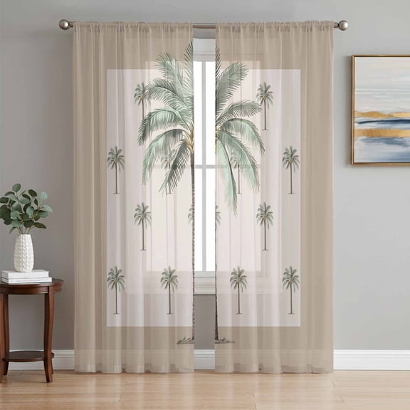Sheer Curtains 84 Inches Long, Palm Trees Light Filtering Window Curtains for Living Room/Bedroom, Brown Tropical Plants Summer Green Rod Pocket Voile Sheer Curtain Drapes, 52"W x 84"L, 2 Panels