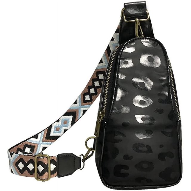 Bolso bandolera CHAO estilo bohemio de piel sintética con correa de jacquard bordada estampado de leopardo negro
