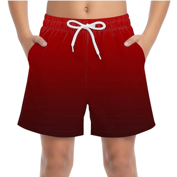 Boys Quick Dry Athletic Shorts Ombre Red with Pockets Elastic Waist Drawstring Stretch 95% Polyester 5% Spandex Moisture Wicking Summer Size 120-170,Size 7-8T