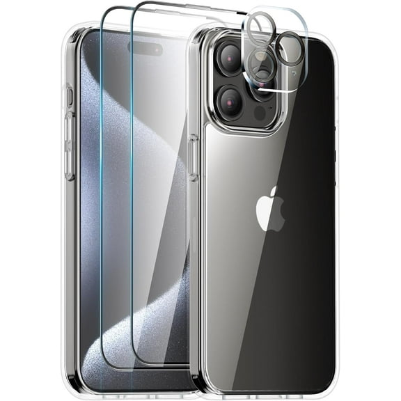 Heavy Duty Transparent Phone Case Designed for Apple iPhone 15 Pro Clear Case with 2 Screen Protector and 1 Camera Lens, Shockproof Dropproof Slim Clear Case for Apple iPhone 15 Pro