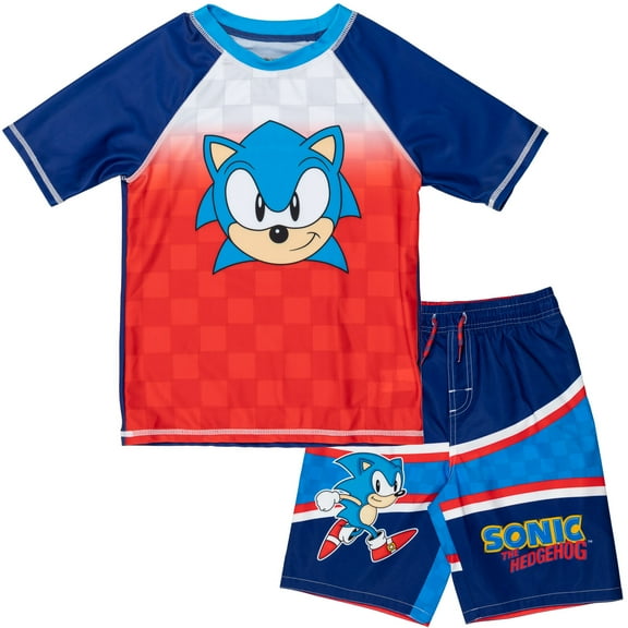 Sonic The Hedgehog by SEGA UPF 50  Pullover Rash Guard & Swim Trunks Outfit Set (Boy's)
