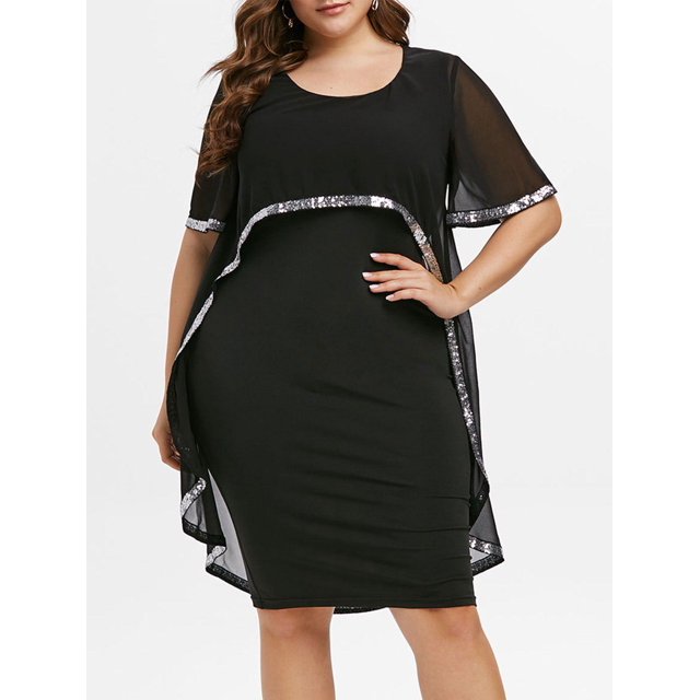 Lentejuelas Vestido de Tallas trabajo de malla ajustado de superposición de gasa Rosegal Vestidos ajustados de talla grande