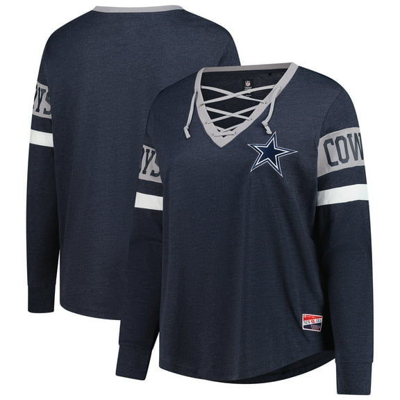 Women's New Era Navy Dallas Cowboys Plus Size Throwback Lace-Up Long Sleeve T-Shirt